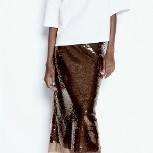 H&M Sequin Midi Skirt in Deep Brown